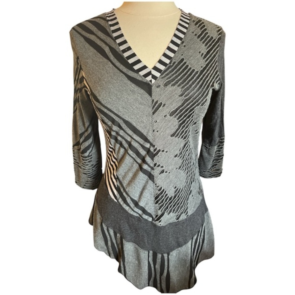 Lior Paris Black & Grey V-Neck Asymmetrical Patchwork Tunic stripes faux rips S
